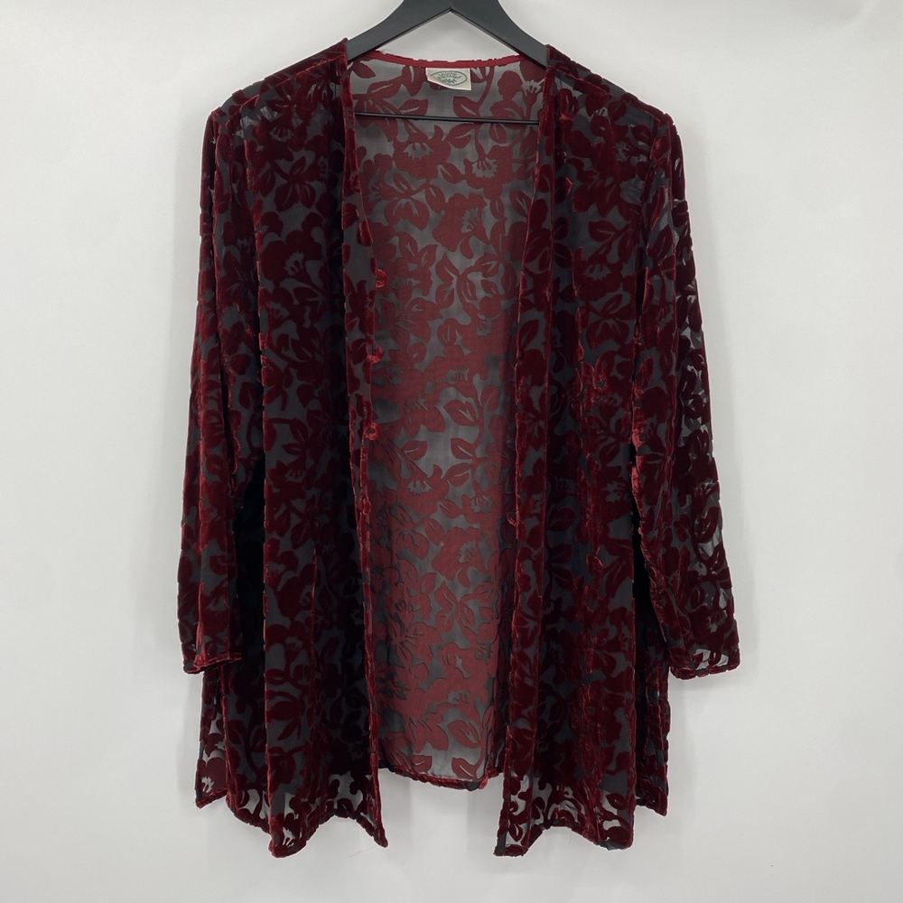 Laura‎ Ashley Cardigan Womens Medium Burgundy Vintage 90s Velvet Burnout Floral - Picture 2 of 12